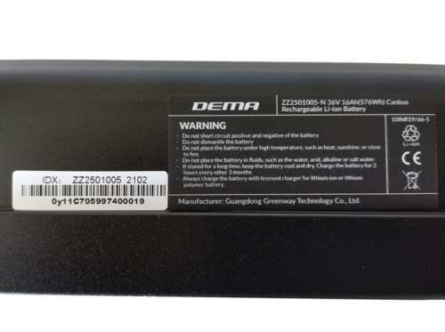 Batéria DEMA semi-integrovaná 16Ah, 36V, LG cells, 505mm